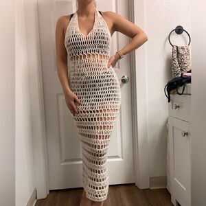 Handmade Crochet Halter Maxi Dress in Cream